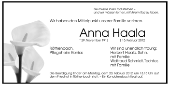 Traueranzeige von Anna Haala von Pegnitz-Zeitung